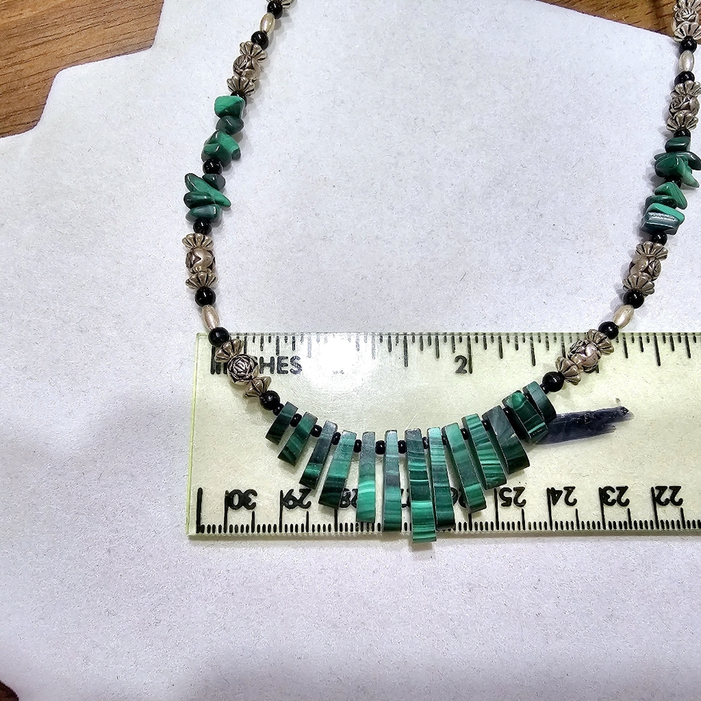 Malachite Necklace with Onyx, Glass, and Silver Beads - Picture 13 of 15